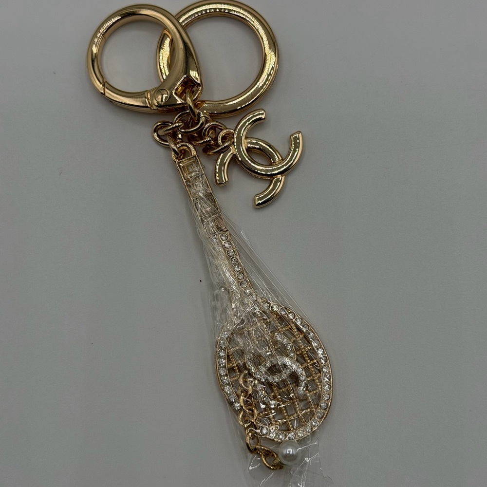 Upcycled Gold-Tone Crystal Tennis Racket Key & Card Holder Charm